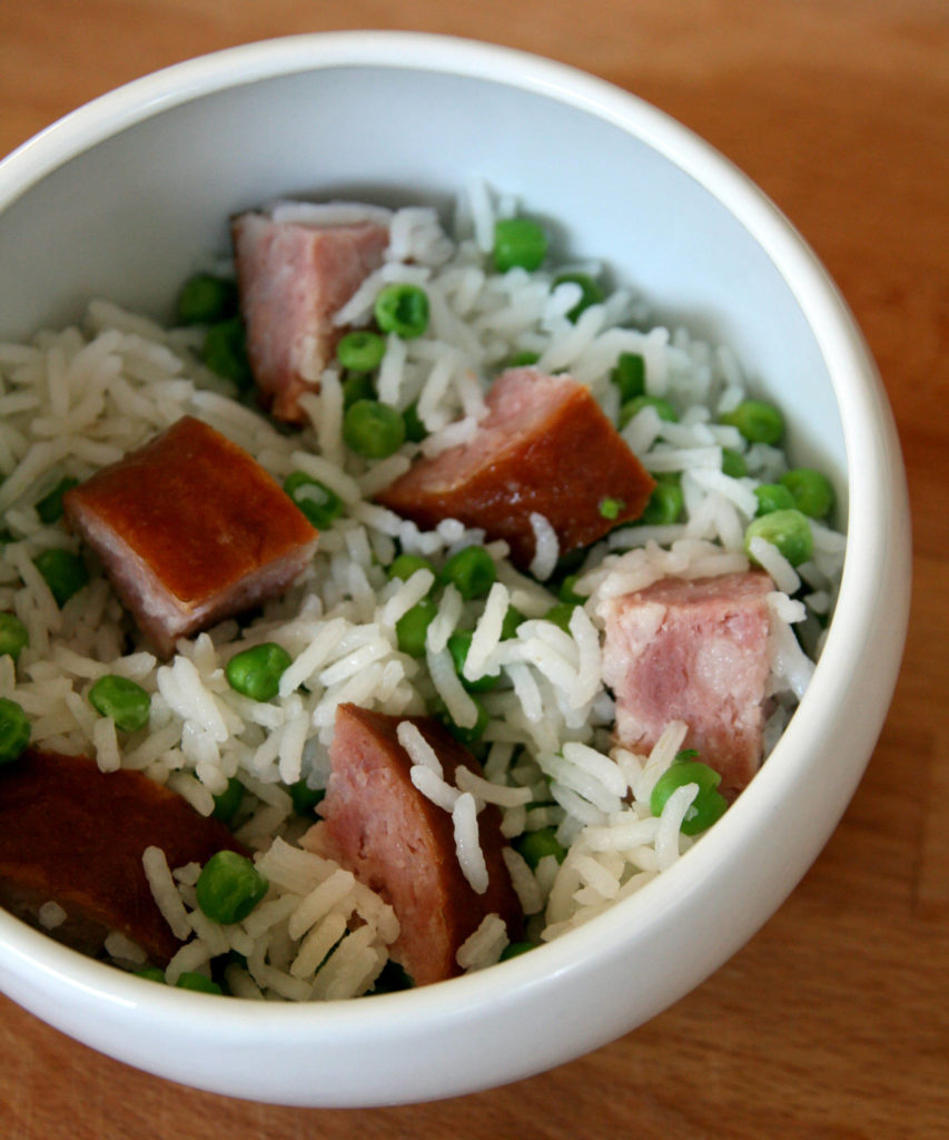 Basmati à la saucisse de Morteau et aux petits pois